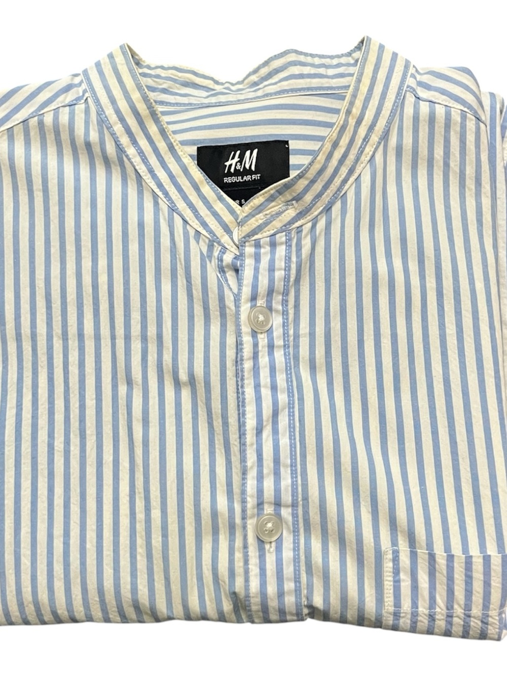 H&M Light Blue & White Vertical Stripe Band-Collar Shirt